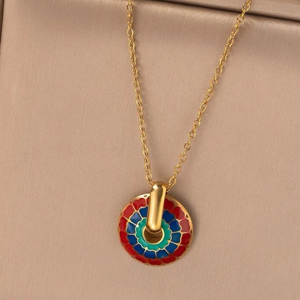 New Gold Bohemian Enamel Colored Disc Chunky Necklace & Huggie Hoop Earrings - Picture 8 of 10